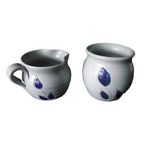 Pottery Pitcher Williamsburg VA Blue Creamer Sugar Bowl Vase Leaves Container 2
